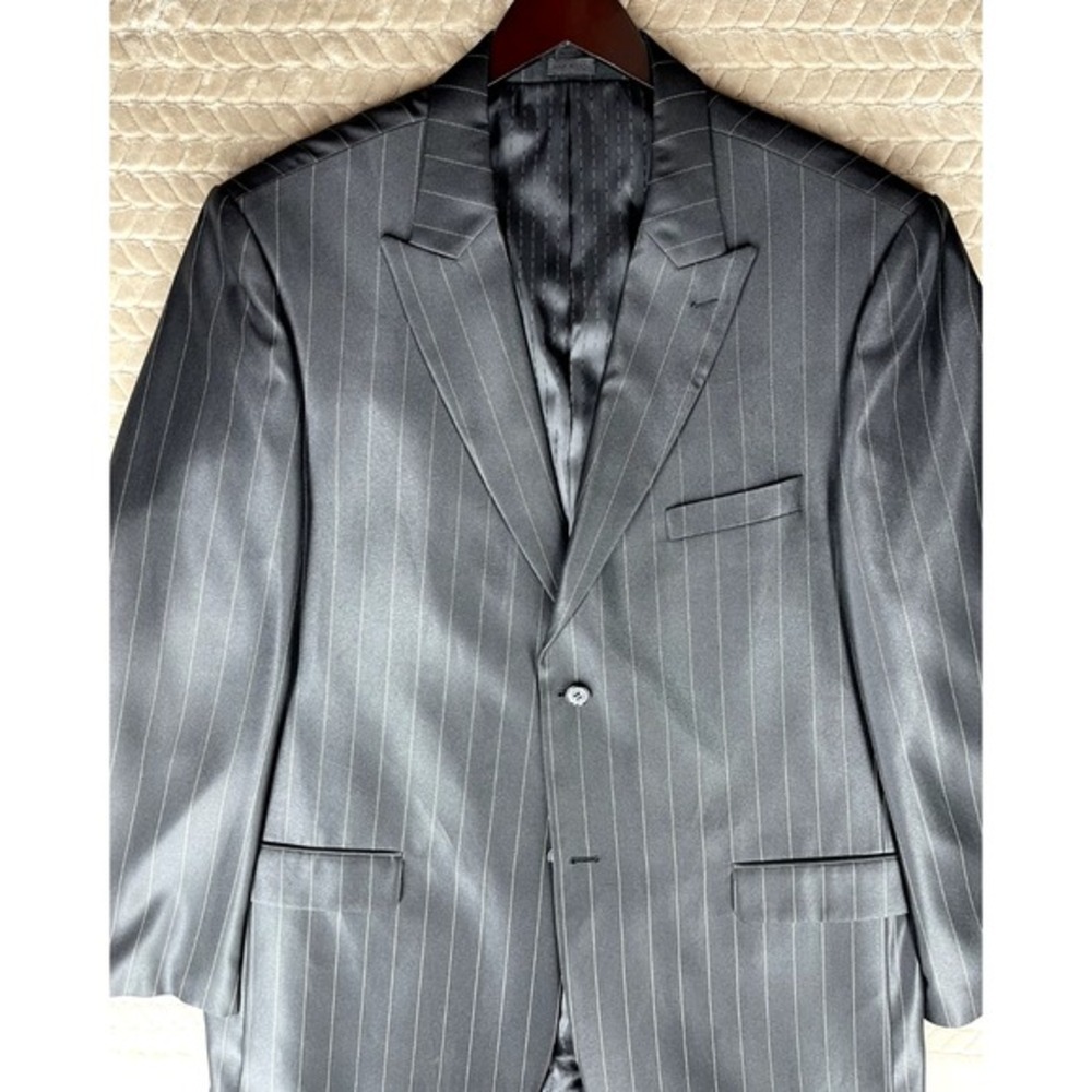 Falcone Pinstripe Blazer Men 50L Black 2-Button Peak Lapel Suit Jacket‎